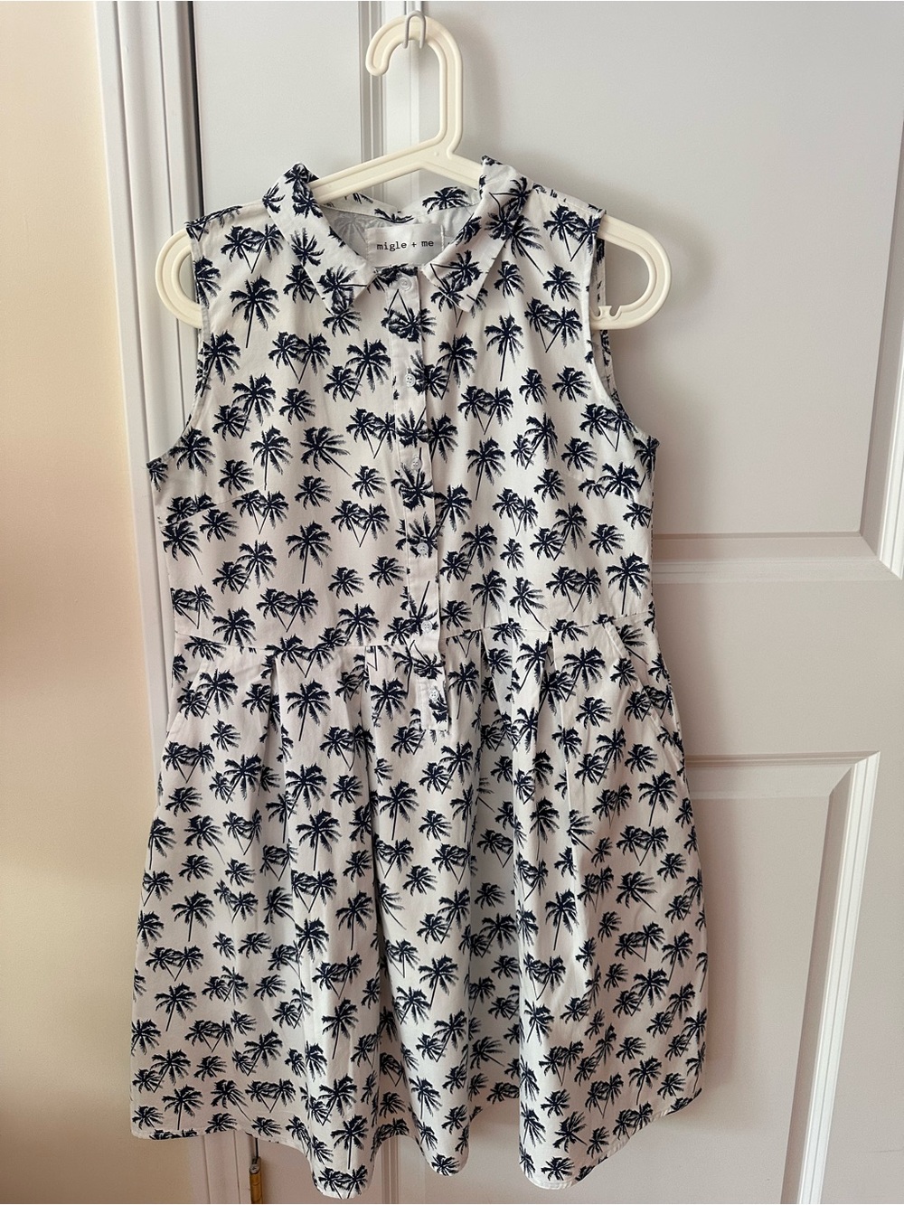 Sleeveless White Dress with Navy Palm Tree Print
